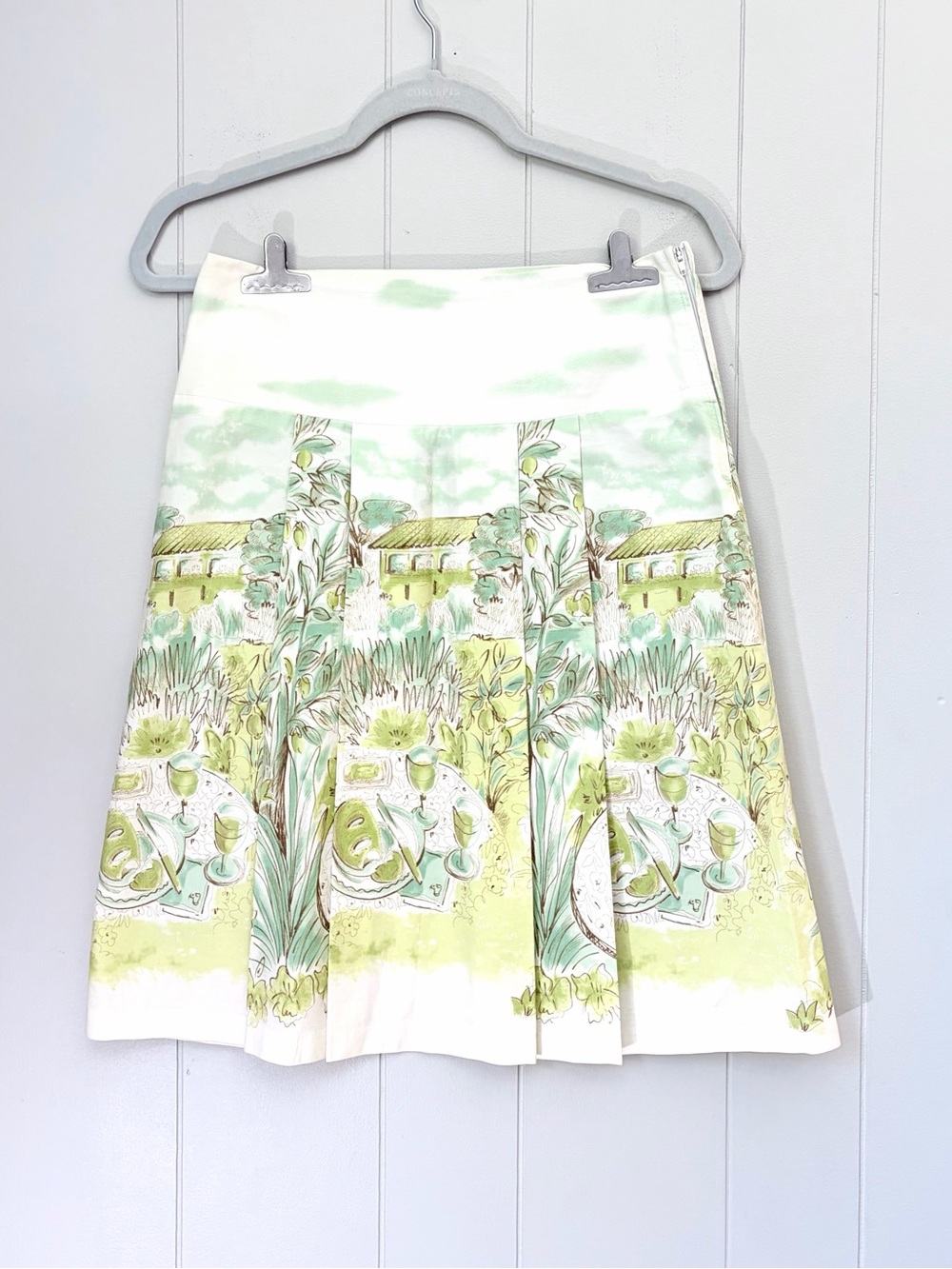 Vintage A-Line Printed Skirt Light Green White Picnic French Countryside Small